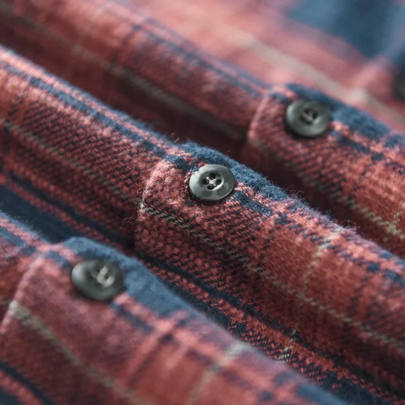 Stylish men's relaxed fit plaid button-down shirt, featuring a classic pattern, ideal for layering or casual wear.