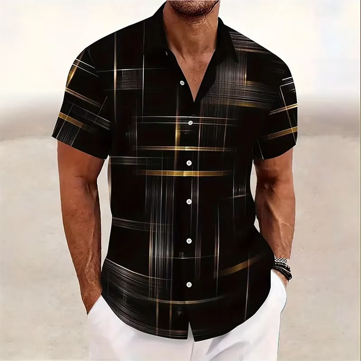 Stylish men's short sleeve polo featuring a unique geometric pattern. Ideal for vacation or resort wear.