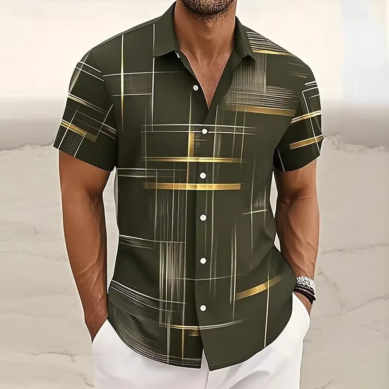 Close-up of a men's geometric print polo shirt, showcasing its button front and soft fabric. Relaxed fit.