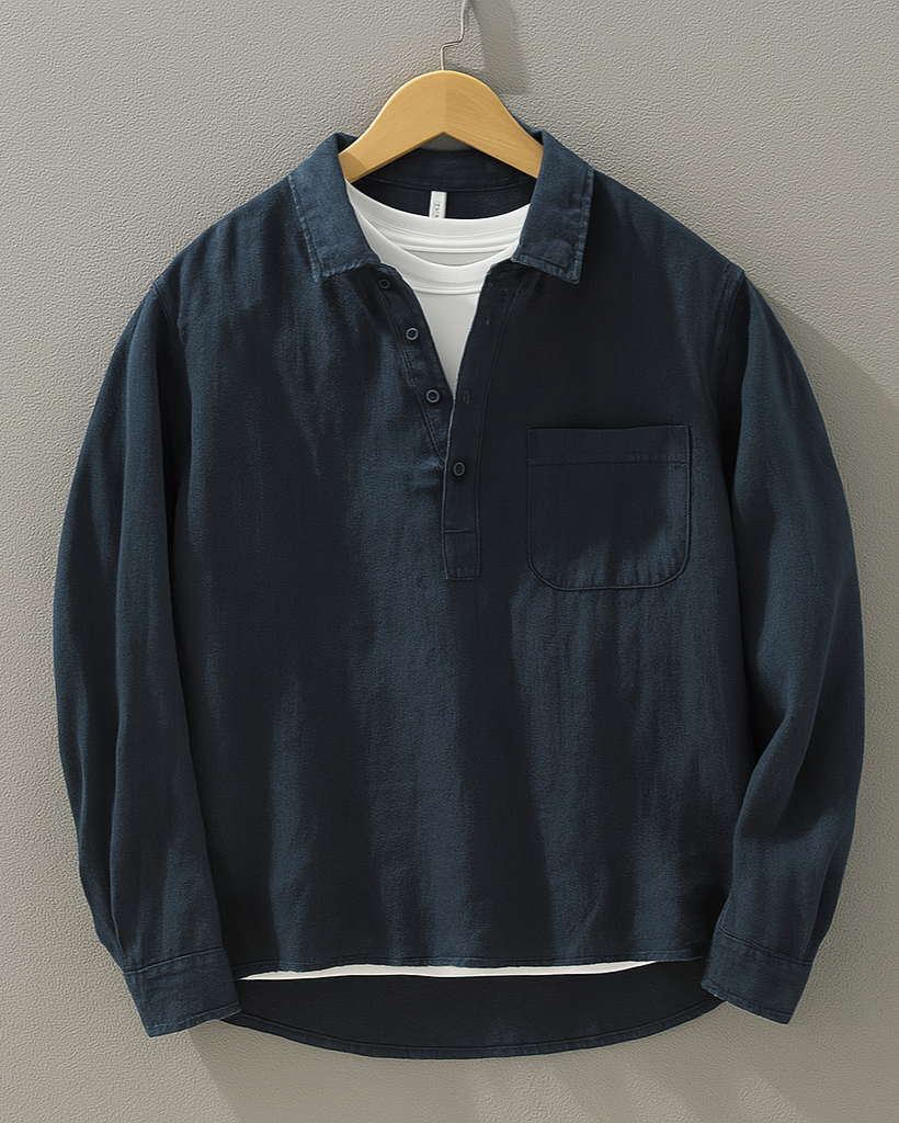 Men's relaxed fit popover shirt, a stylish casual long sleeve top with half placket, perfect for summer fashion.