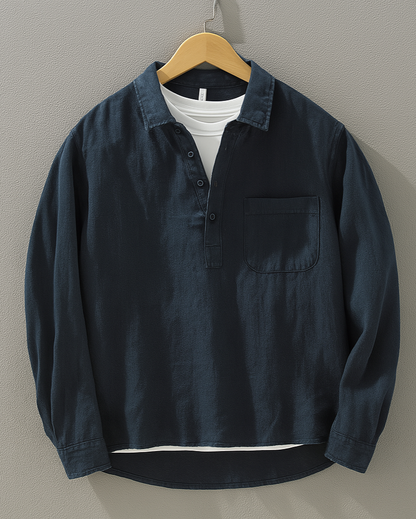Men's relaxed fit popover shirt, a stylish casual long sleeve top with half placket, perfect for summer fashion.