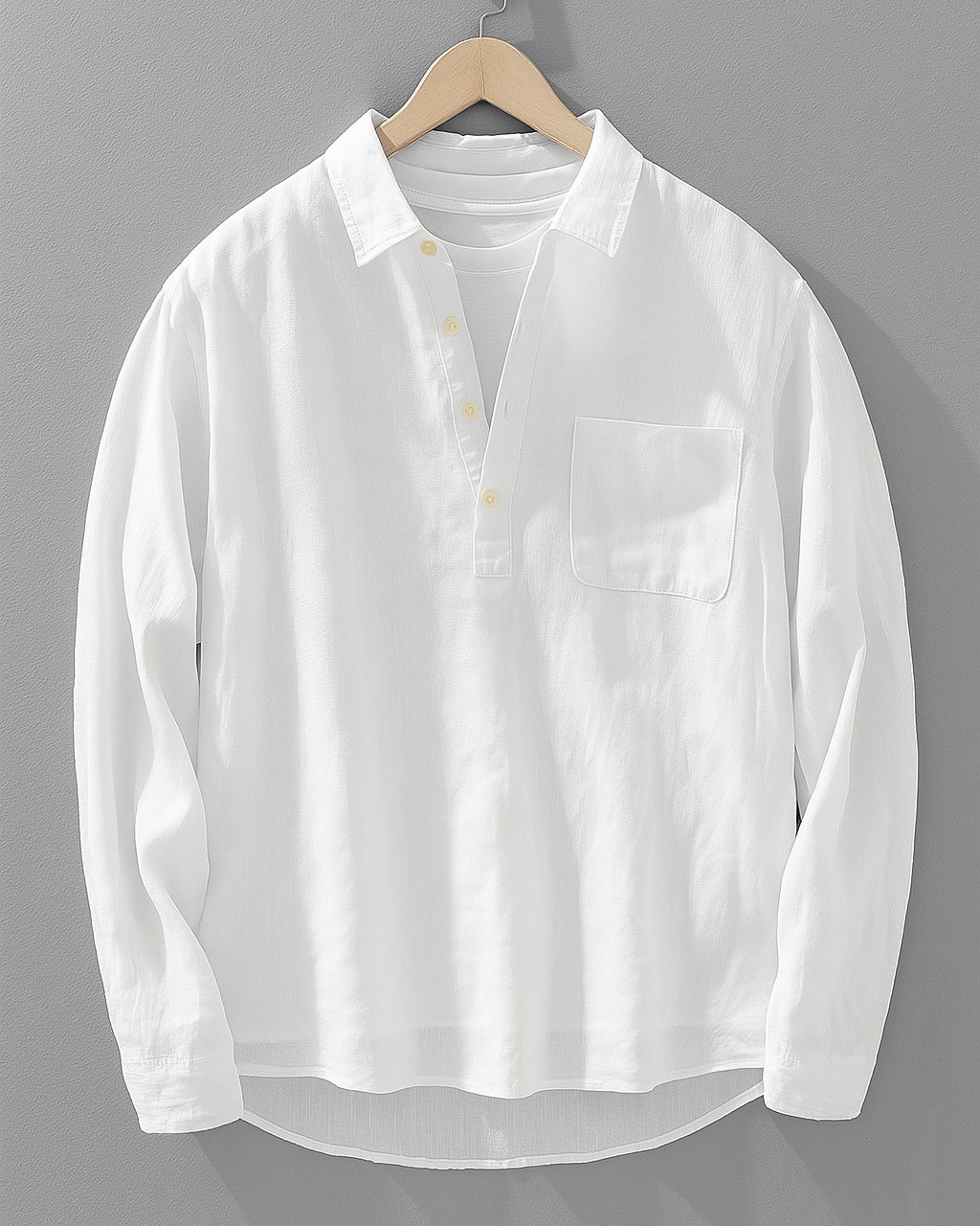 Stylish men's casual popover shirt, relaxed fit long sleeve top for effortless spring and summer fashion.