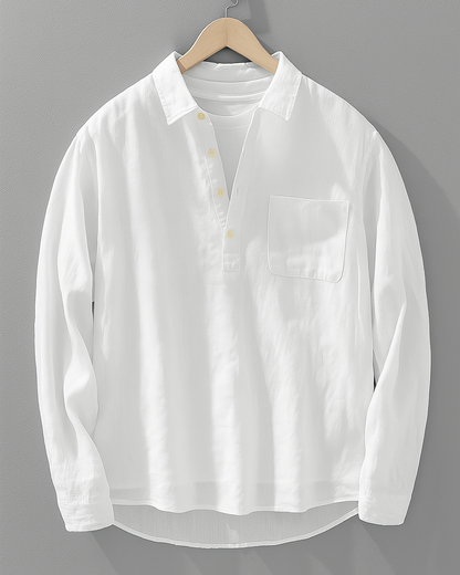 Stylish men's casual popover shirt, relaxed fit long sleeve top for effortless spring and summer fashion.