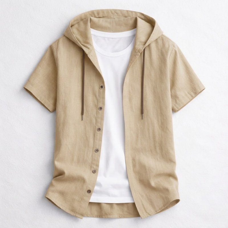 Lightweight men's pullover hoodie with drawstring hood & curved hem for spring/summer style.