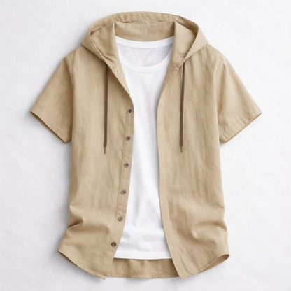 Lightweight men's pullover hoodie with drawstring hood & curved hem for spring/summer style.