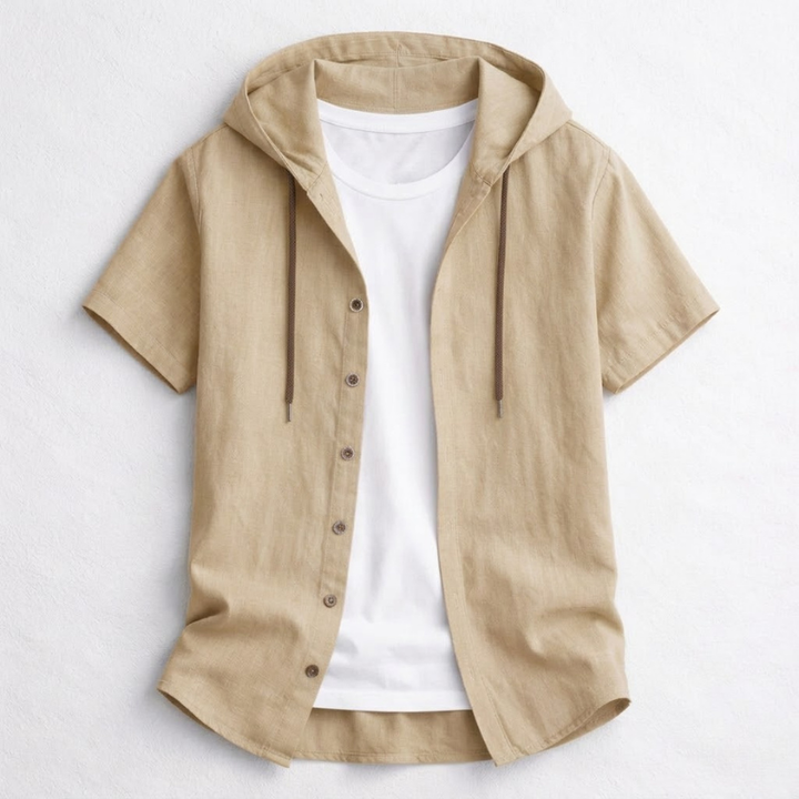 Lightweight men's pullover hoodie with drawstring hood & curved hem for spring/summer style.