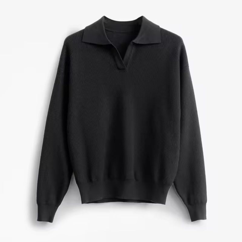 Stylish men's pullover sweater with a relaxed fit and unique collar detail. Great for fall and winter fashion.