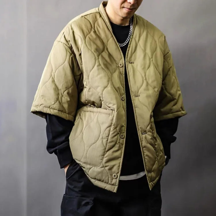 Fashionable men's streetwear bomber jacket, quilted design, relaxed fit for a contemporary urban look.