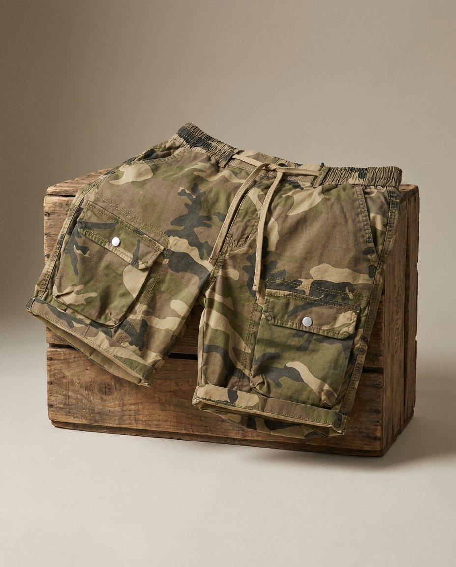 Camo print men's cargo shorts, relaxed fit utility shorts with multiple pockets, perfect for casual outdoor style.