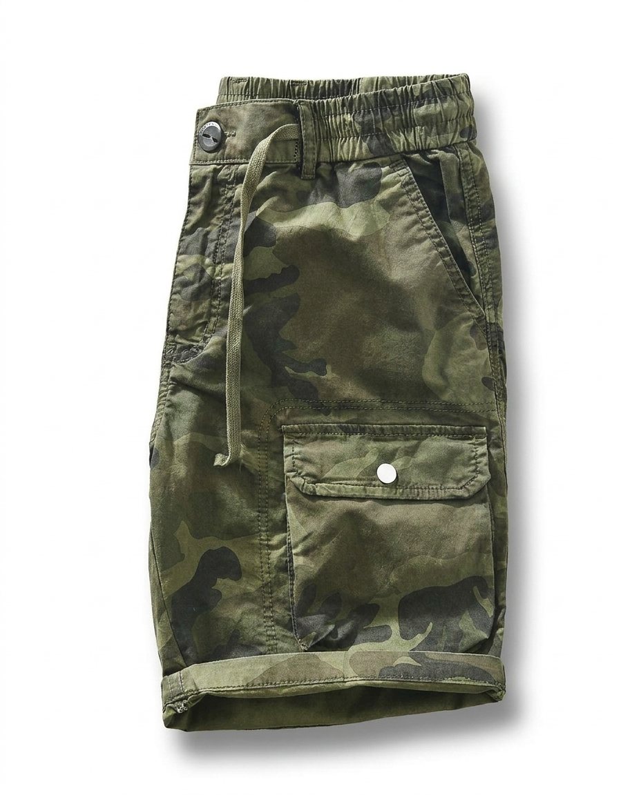 Stylish men's relaxed fit cargo shorts, shown with casual wear, comfortable cotton blend for warm weather.
