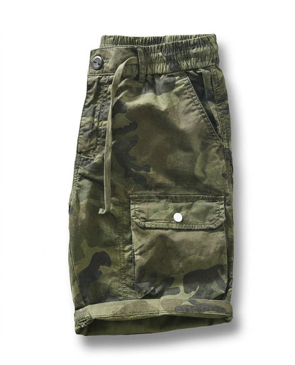 Stylish men's relaxed fit cargo shorts, shown with casual wear, comfortable cotton blend for warm weather.
