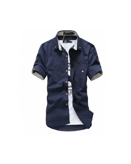 Men's relaxed fit short sleeve button-up cotton shirt, perfect for casual summer style.