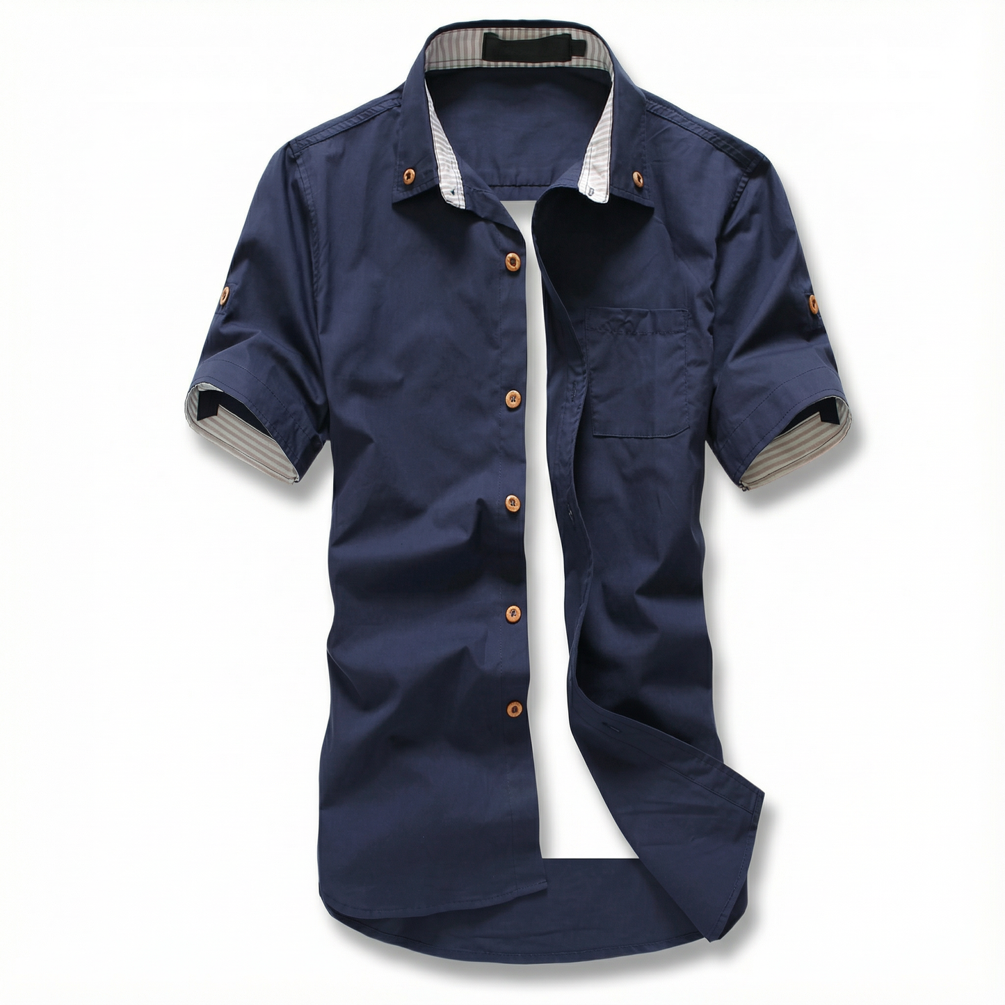 Breathable, lightweight men's relaxed fit cotton short sleeve button-up shirt for summer comfort.