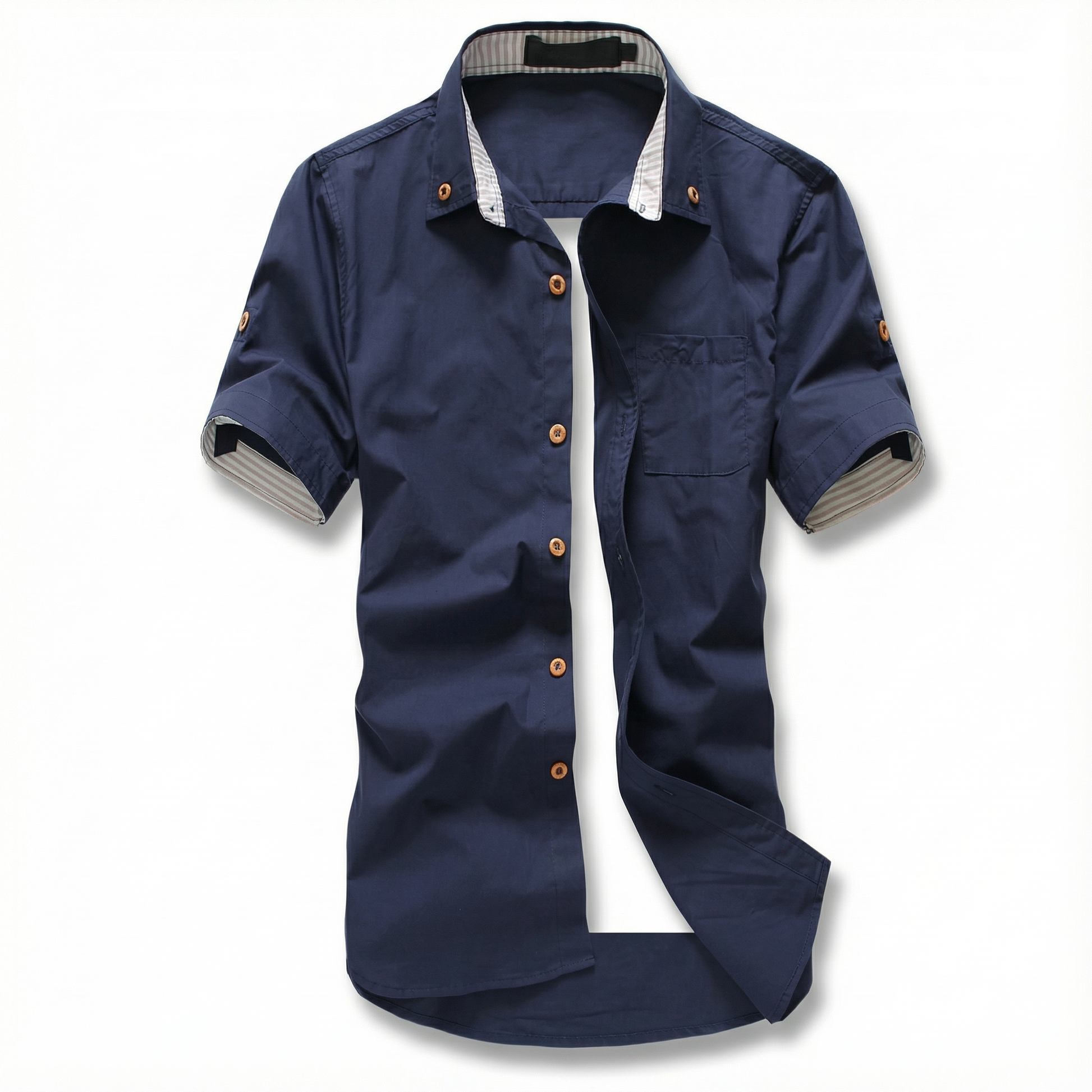 Breathable, lightweight men's relaxed fit cotton short sleeve button-up shirt for summer comfort.