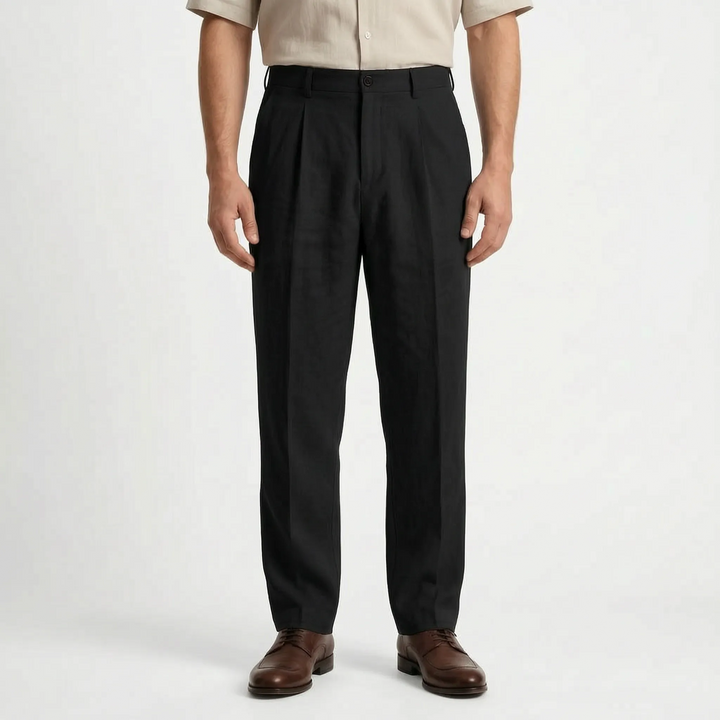 Pleated relaxed fit men's trousers, ideal for versatile summer and spring outfits, casual or smart.