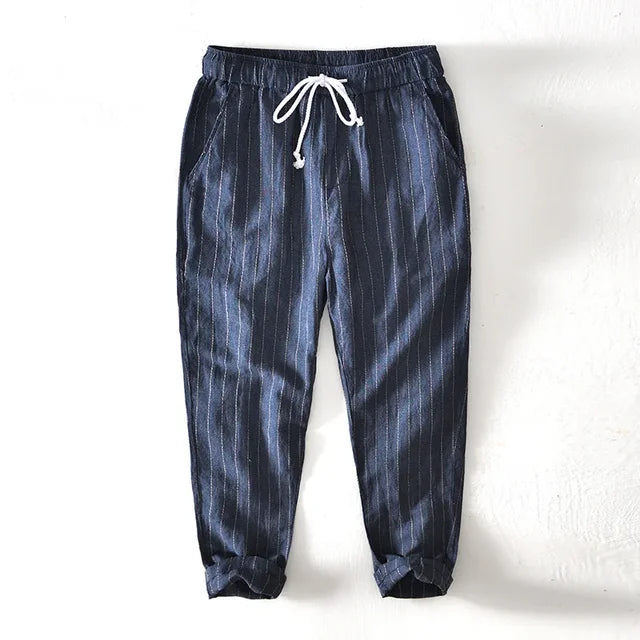 Men's relaxed fit striped pants in versatile khaki, perfect for effortless comfort & everyday casual style.