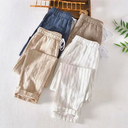 Versatile men's striped pants, relaxed fit for ultimate comfort. Khaki casual drawstring pants for summer style.