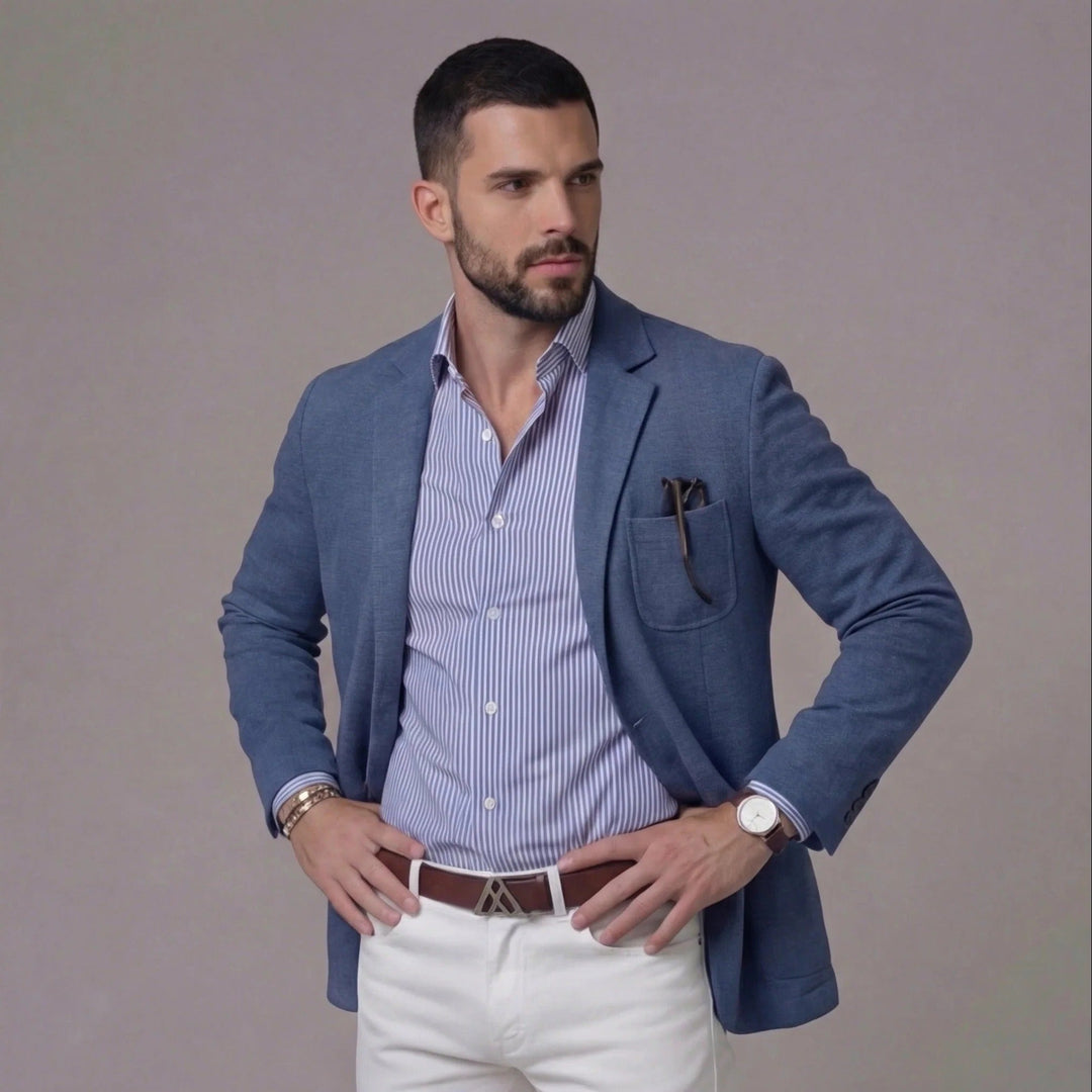 Breathable men's summer blazer jacket with a relaxed fit, perfect for casual & smart fashion.