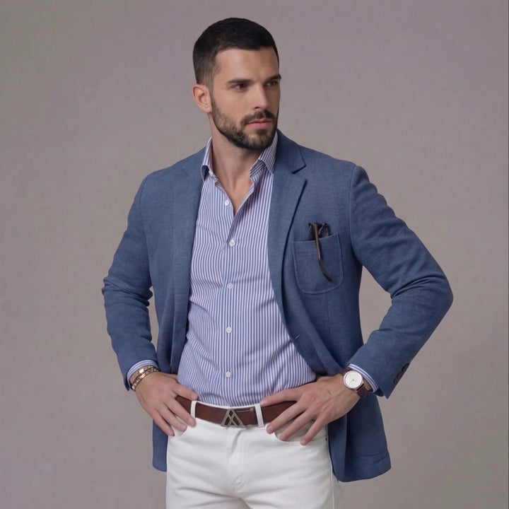 Breathable men's summer blazer jacket with a relaxed fit, perfect for casual & smart fashion.