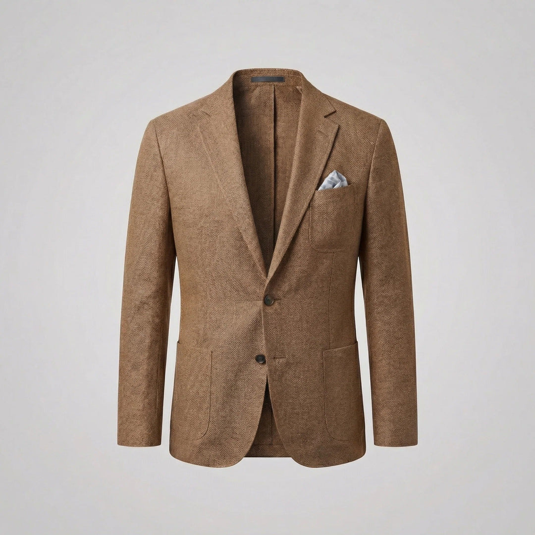 Close-up of the lightweight, breathable fabric of a men's relaxed fit summer blazer.