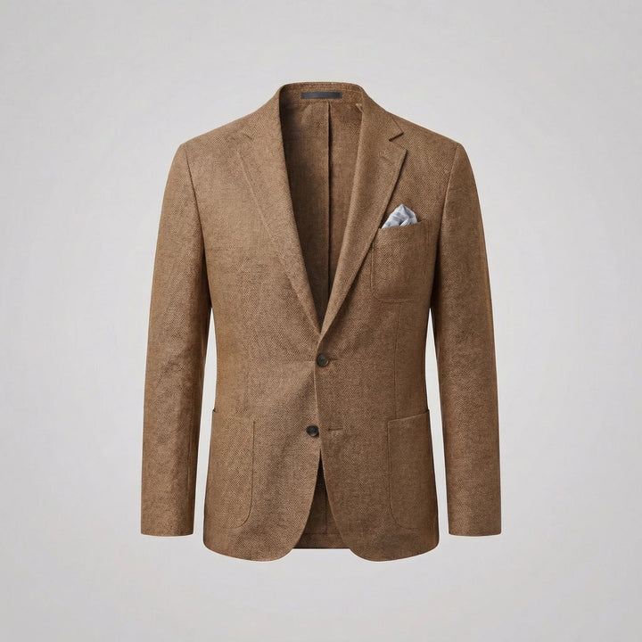 Close-up of the lightweight, breathable fabric of a men's relaxed fit summer blazer.