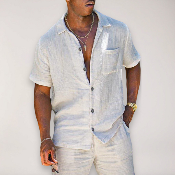 Men's relaxed fit summer two-piece set: stylish short sleeve shirt & matching shorts. Perfect for casual wear & vacation.