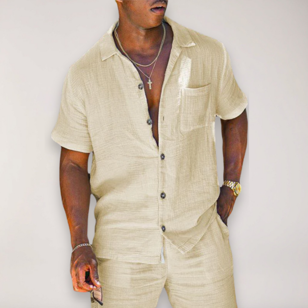 Coordinated men's summer two-piece with relaxed short sleeve shirt & comfortable shorts. Ideal for warm weather.