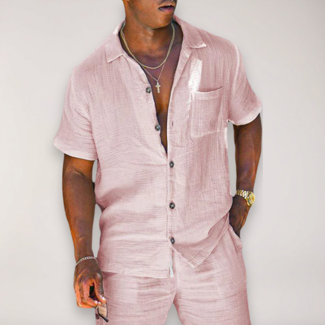 Men's stylish summer two-piece set featuring a relaxed short sleeve shirt & comfortable shorts for casual wear.