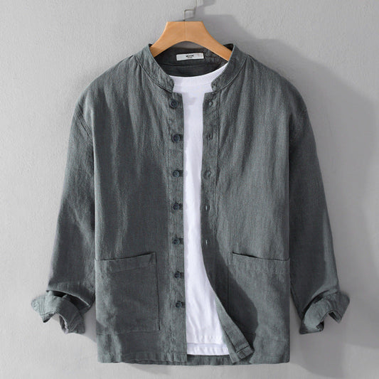 Men's relaxed fit textured long sleeve button-up shirt. Casual everyday wear with a stylish band collar.