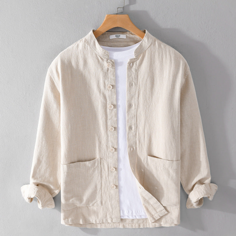 Men's everyday relaxed fit textured button-up. Long sleeve casual shirt with a modern band collar design.