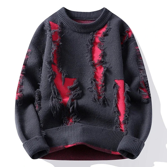 Men's relaxed frayed sweater with bold contrast. Modern distressed knit, ideal for stylish fall & winter casual wear.