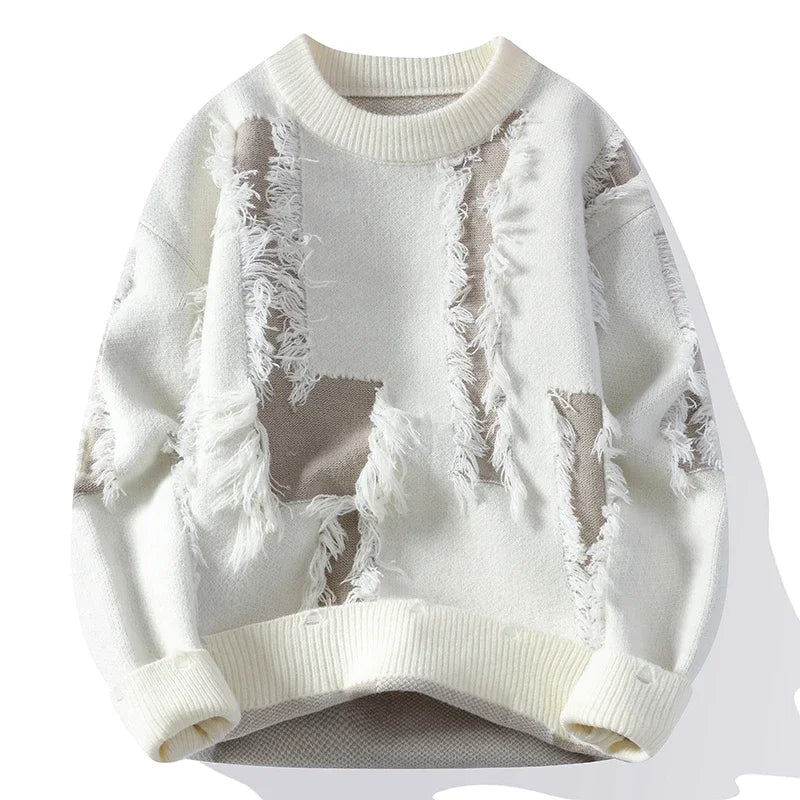 Distressed men's relaxed frayed sweater. Bold contrast trim and a modern knit for comfortable fall & winter casual wear.