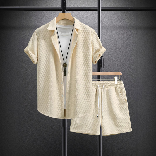 Men's relaxed khaki summer shirt & drawstring shorts set. Ideal for beachwear or casual resort outfits.