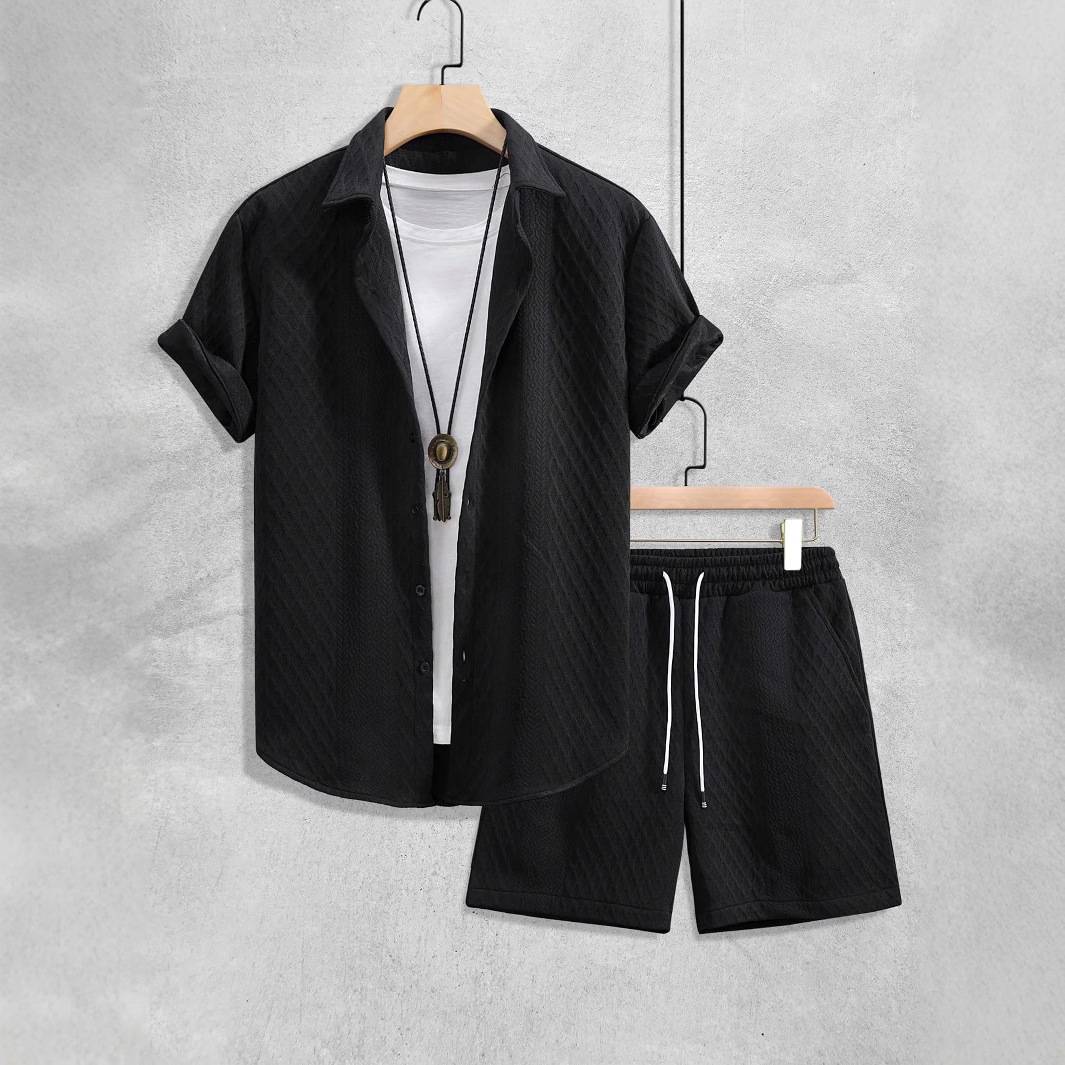 Blue men's relaxed fit summer shirt & shorts set. Perfect for resort wear, beach days, or casual fashion.