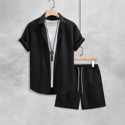 Blue men's relaxed fit summer shirt & shorts set. Perfect for resort wear, beach days, or casual fashion.