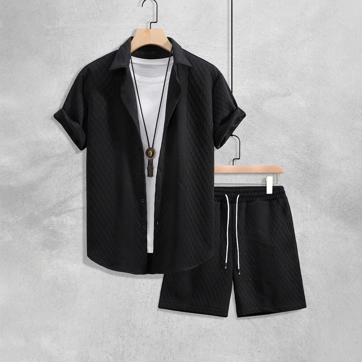 Blue men's relaxed fit summer shirt & shorts set. Perfect for resort wear, beach days, or casual fashion.