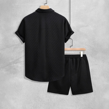 Stylish men's casual summer set with a relaxed button-up shirt & drawstring shorts for comfort.
