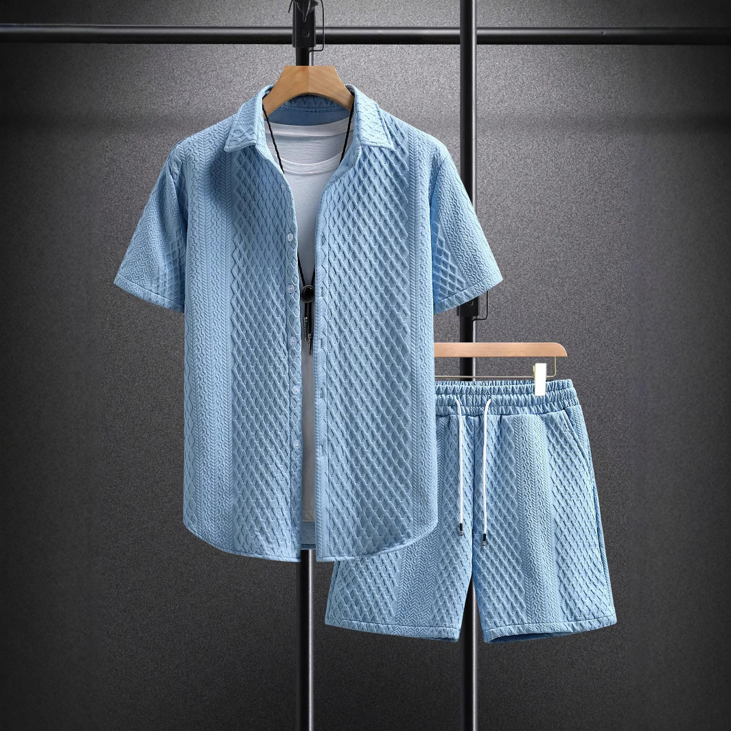 Men's two-piece resort wear set: comfortable summer button-up shirt and matching drawstring shorts.