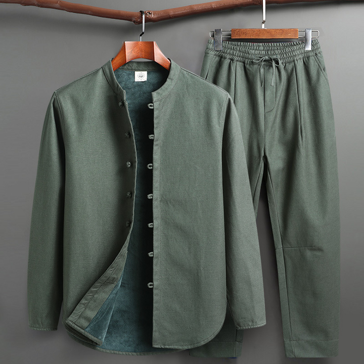 Kyoto-inspired men's lounge set. Relaxed fit, mandarin collar. Ideal comfortable & stylish homewear.