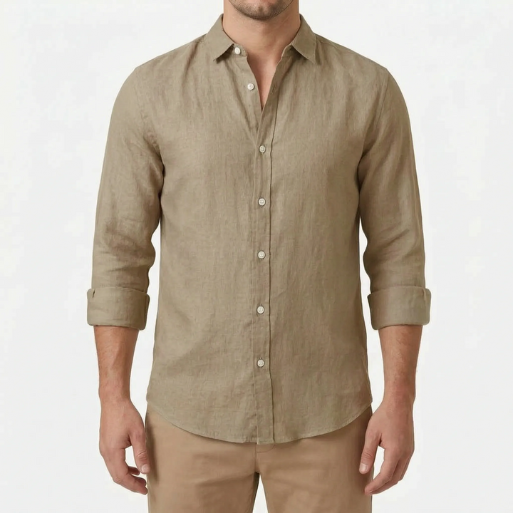 Solid color men's casual long-sleeve button-up shirt, a lightweight and relaxed everyday top.