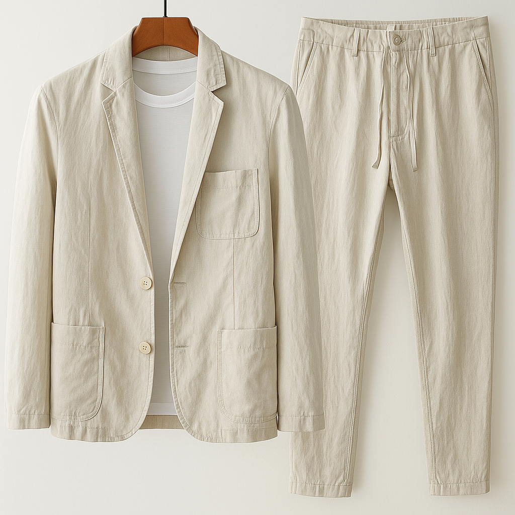 Men's relaxed tailored set, featuring a stylish blazer and comfortable drawstring pants for effortless style.