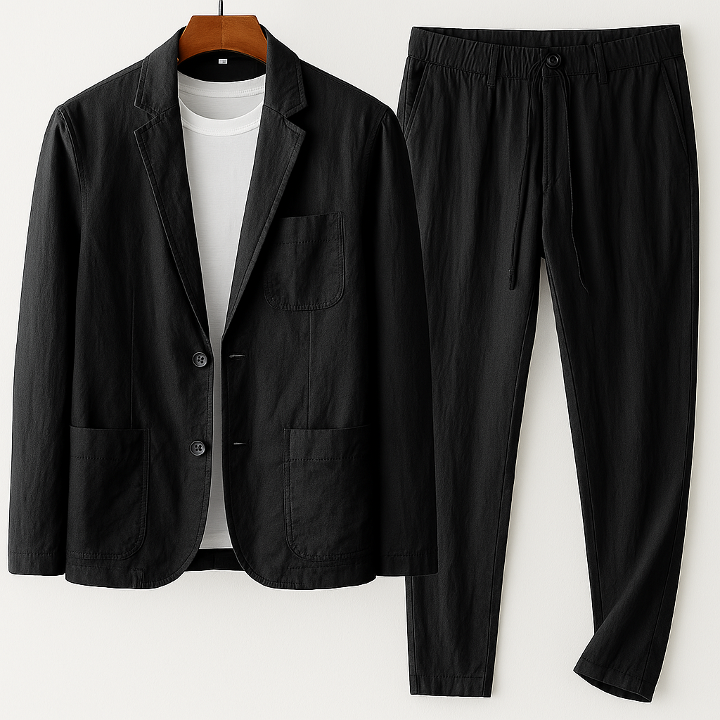Effortless smart casual men's outfit: a relaxed blazer & drawstring pants. Ideal for versatile summer style.