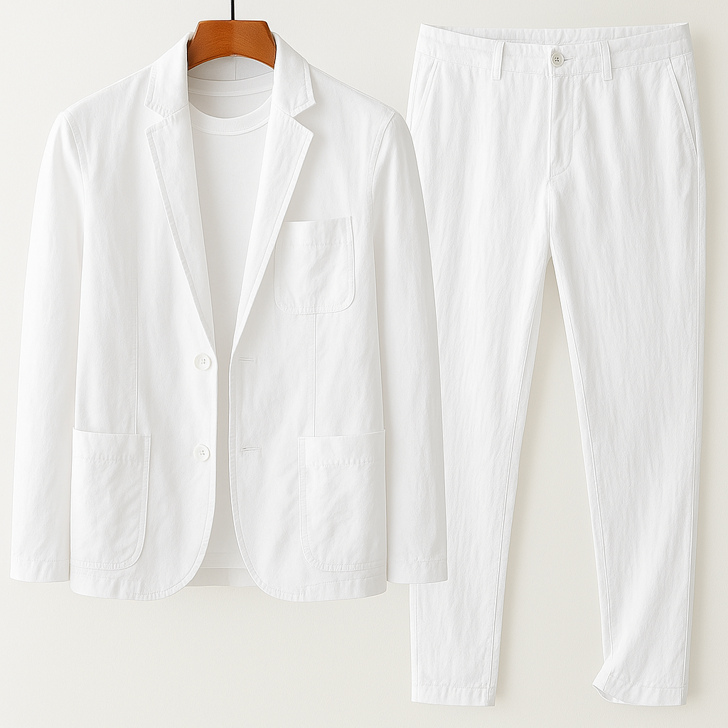 Men's matching tailored set with a relaxed-fit blazer and comfortable drawstring trousers for modern fashion.