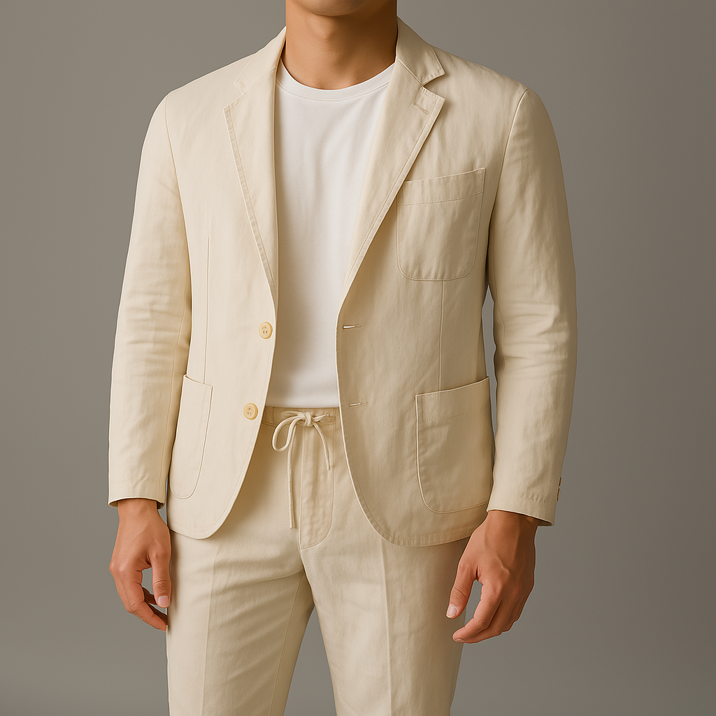 Versatile men's relaxed tailored set, perfect for smart casual events or stylish summer wear. Easy dressing.