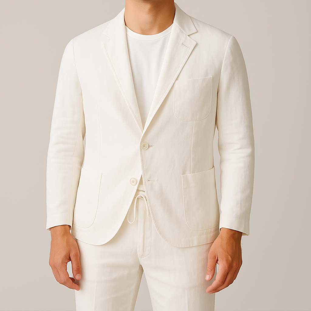 Lightweight men's relaxed tailored set, including a blazer & drawstring pants, for comfortable summer fashion.