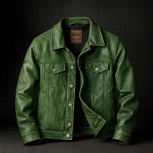 Men's Renegade Trucker Jacket, vintage style with snap buttons. Rugged men's outerwear, casual rebel fashion.