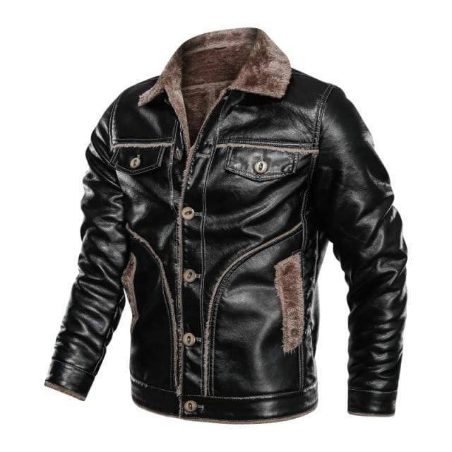 Men's retro brown PU leather motorcycle jacket with front zipper, pockets, and stand collar for winter casual wear