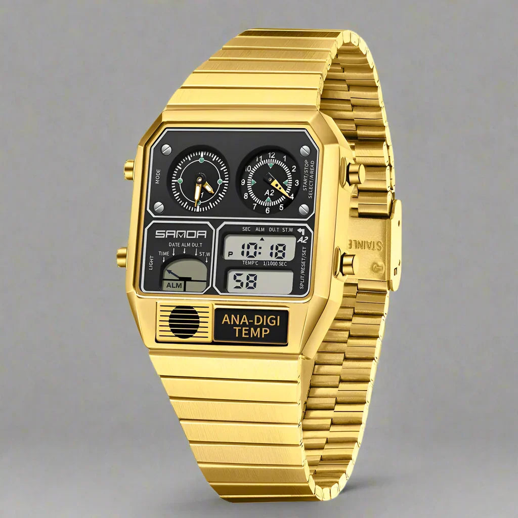 Men's retro dual display analog-digital watch with metal bracelet, illuminated display & water resistance.