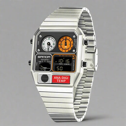 Stylish men's retro analog-digital watch. Dual display, water resistant, temperature monitor, metal bracelet.