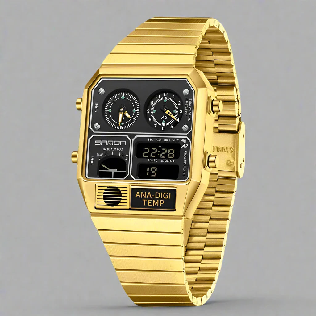 Retro men's watch with illuminated dual analog & digital display, temperature monitor & durable metal band.